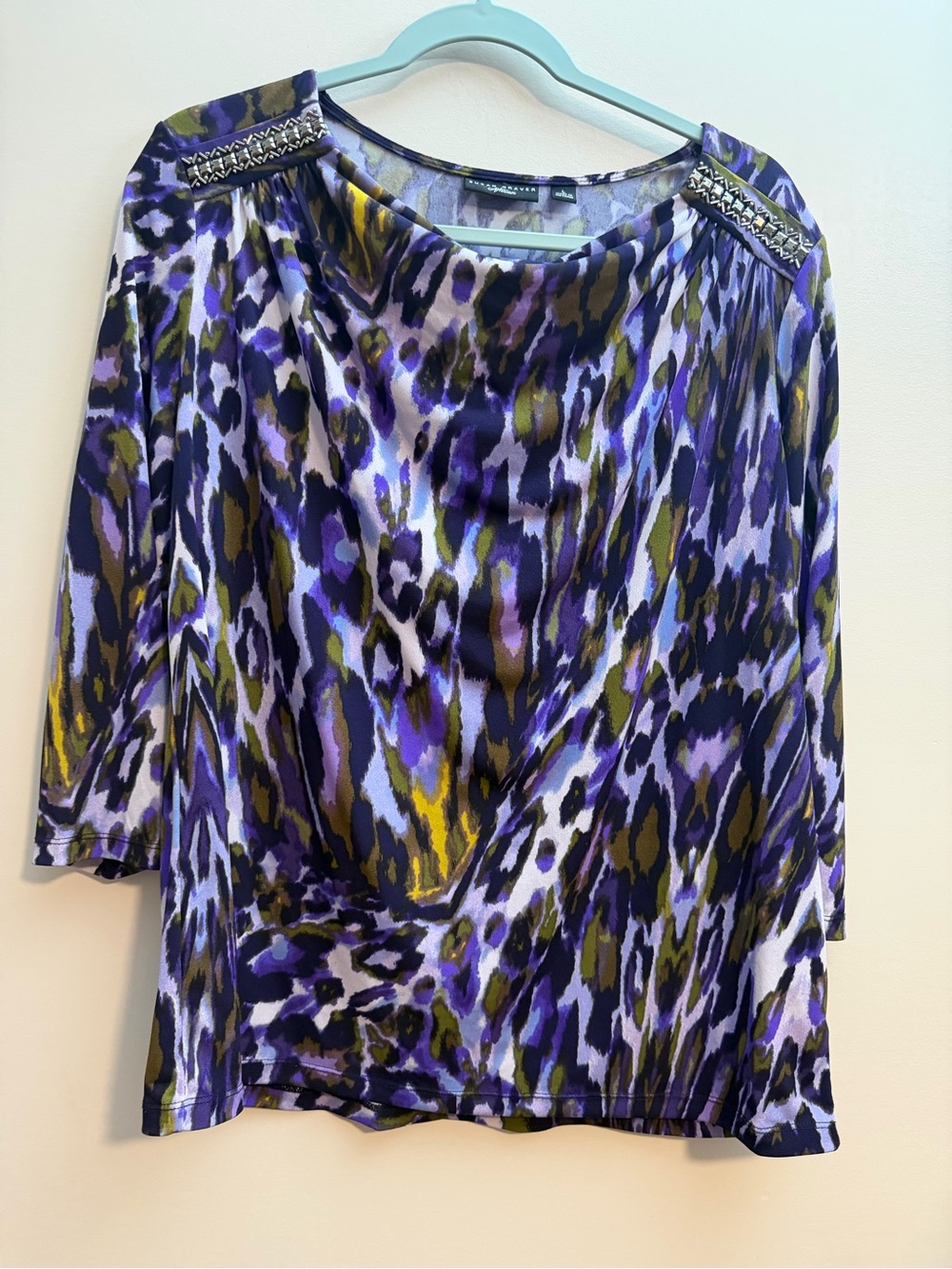 Susan Graver Purple, Olive & White Watercolor Animal-Print Top
